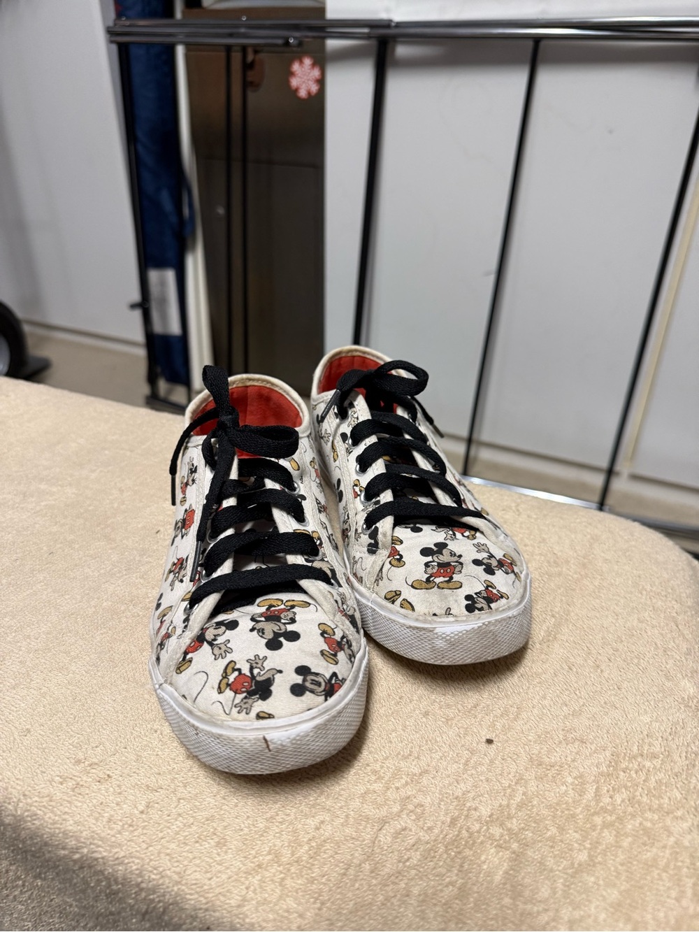Disney Mickey Mouse Canvas Sneakers in Cream and Black with Red Lining